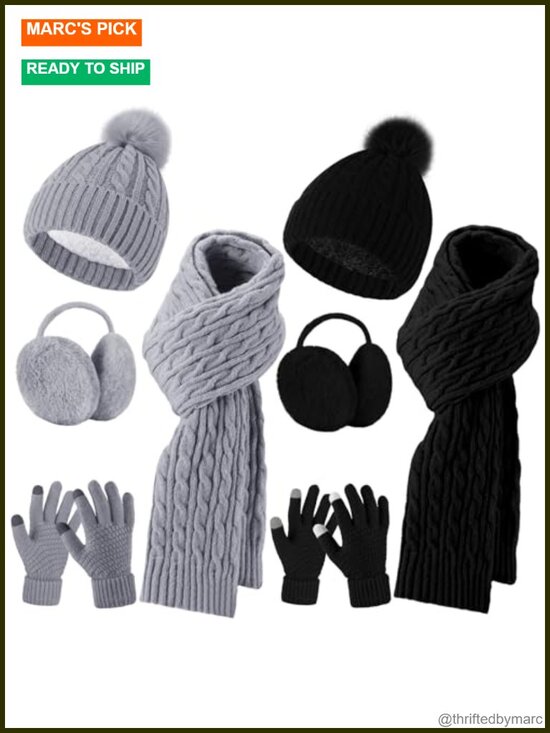 8-Piece Winter Accessories Set with Pompom Beanie, Scarf, Touch Screen Gloves,